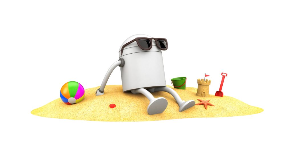 Robot in sunglasses sunbathe. 3d illustration