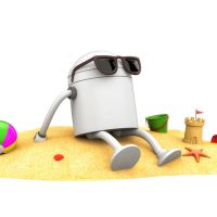 Robot in sunglasses sunbathe. 3d illustration